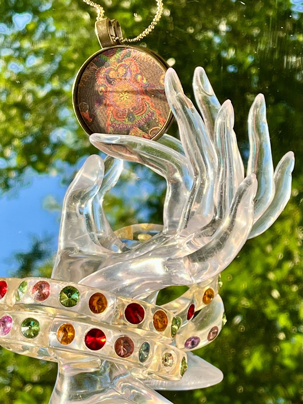 Multicolor Glass Gem Bracelets with Reflective Owl Necklace